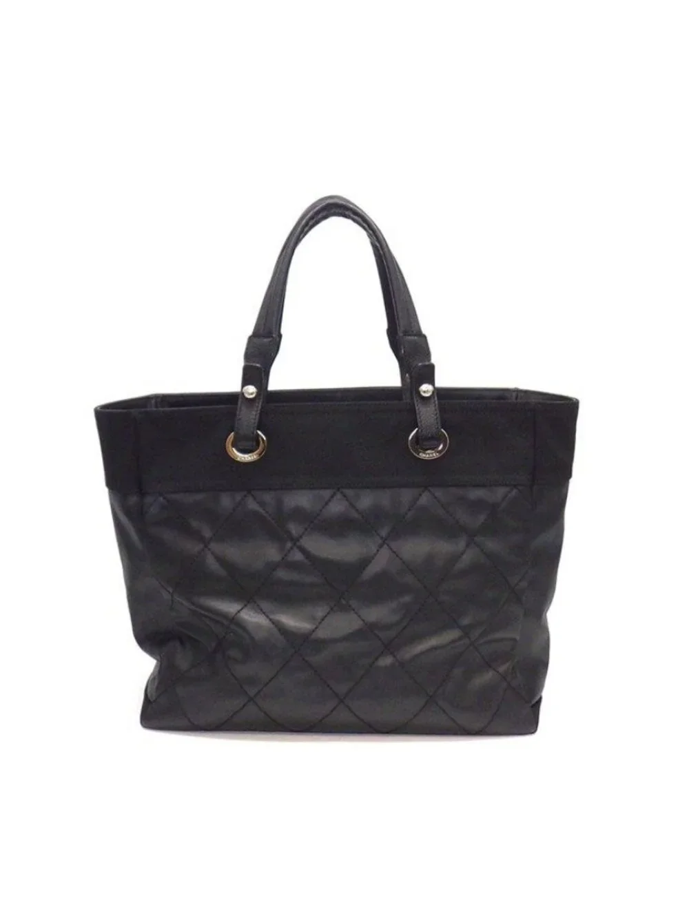 Chanel Tote Paris Biarritz MM Black Leather Silver
